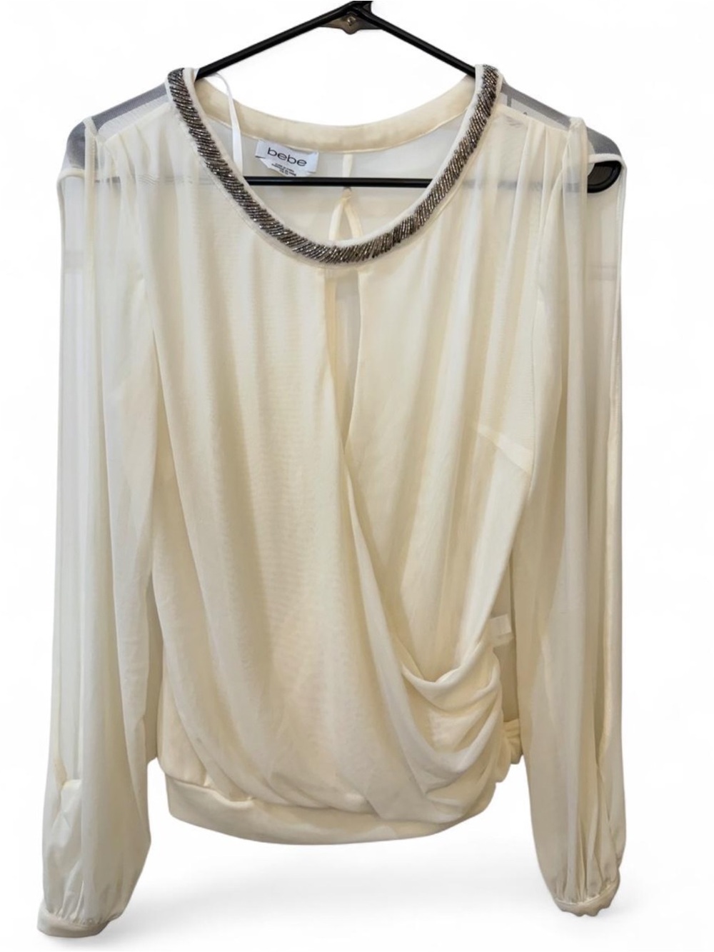 bebe Ivory Sheer Long-Sleeve Draped Blouse with Beaded Neckline